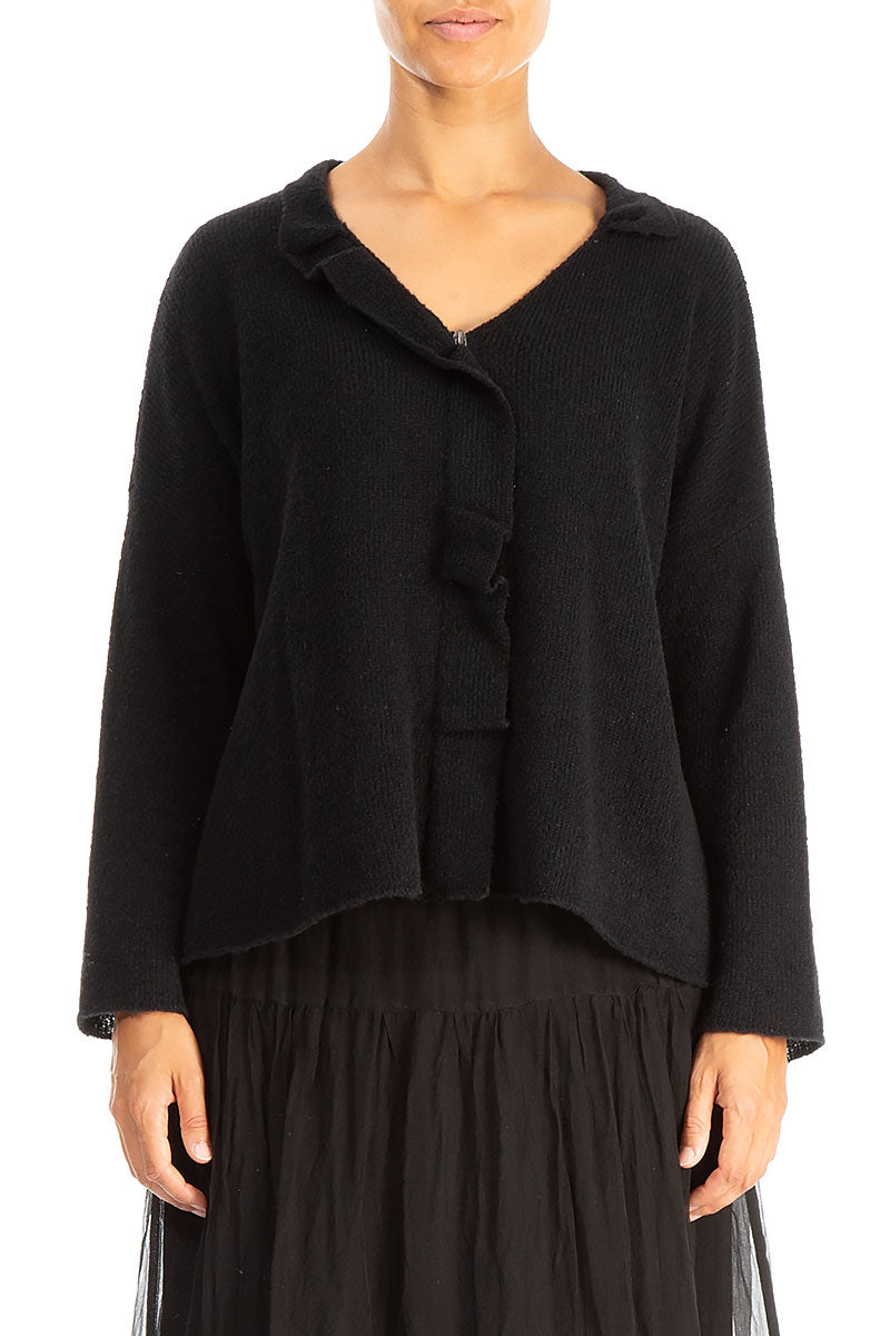 Frilled Neck Black Wool Cardigan