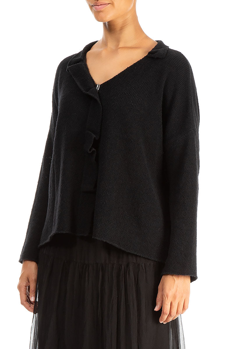 Frilled Neck Black Wool Cardigan