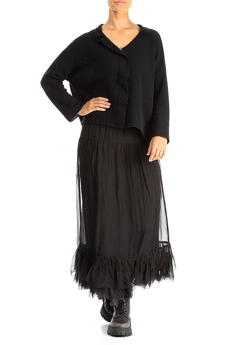 Frilled Neck Black Wool Cardigan