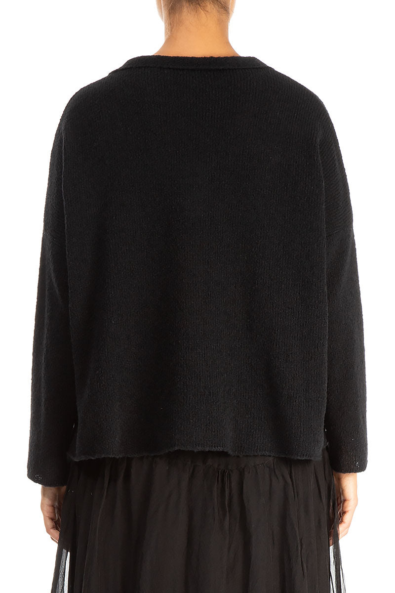 Frilled Neck Black Wool Cardigan