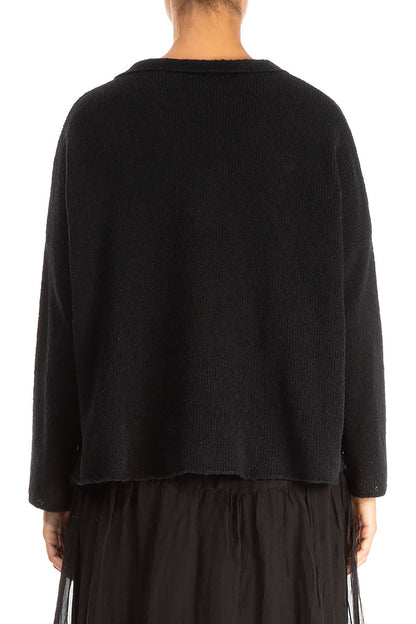 Frilled Neck Black Wool Cardigan