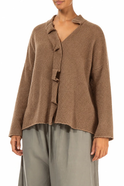 Frilled Neck Caramel Wool Cardigan 4