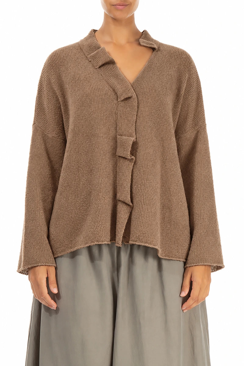 Frilled Neck Caramel Wool Cardigan 1