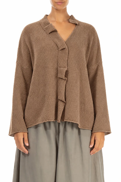 Frilled Neck Caramel Wool Cardigan 1