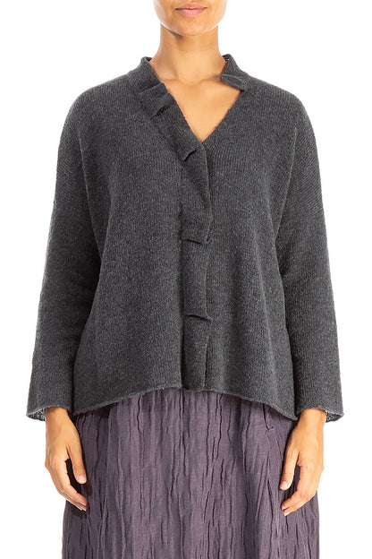 Frilled Neck Dark Grey Wool Cardigan