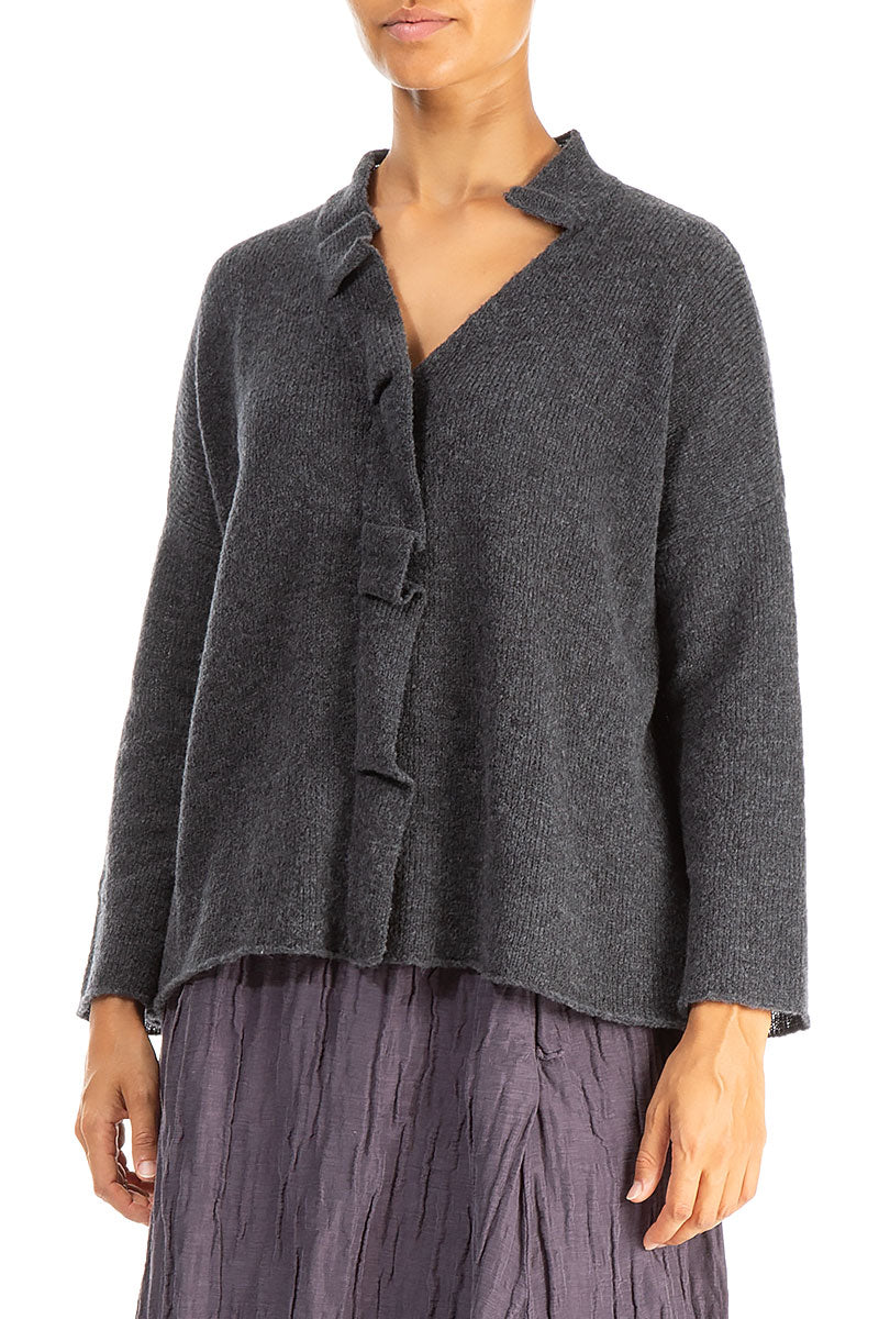 Frilled Neck Dark Grey Wool Cardigan