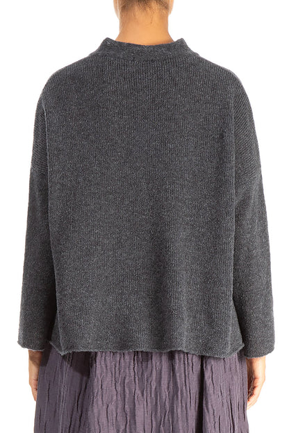 Frilled Neck Dark Grey Wool Cardigan