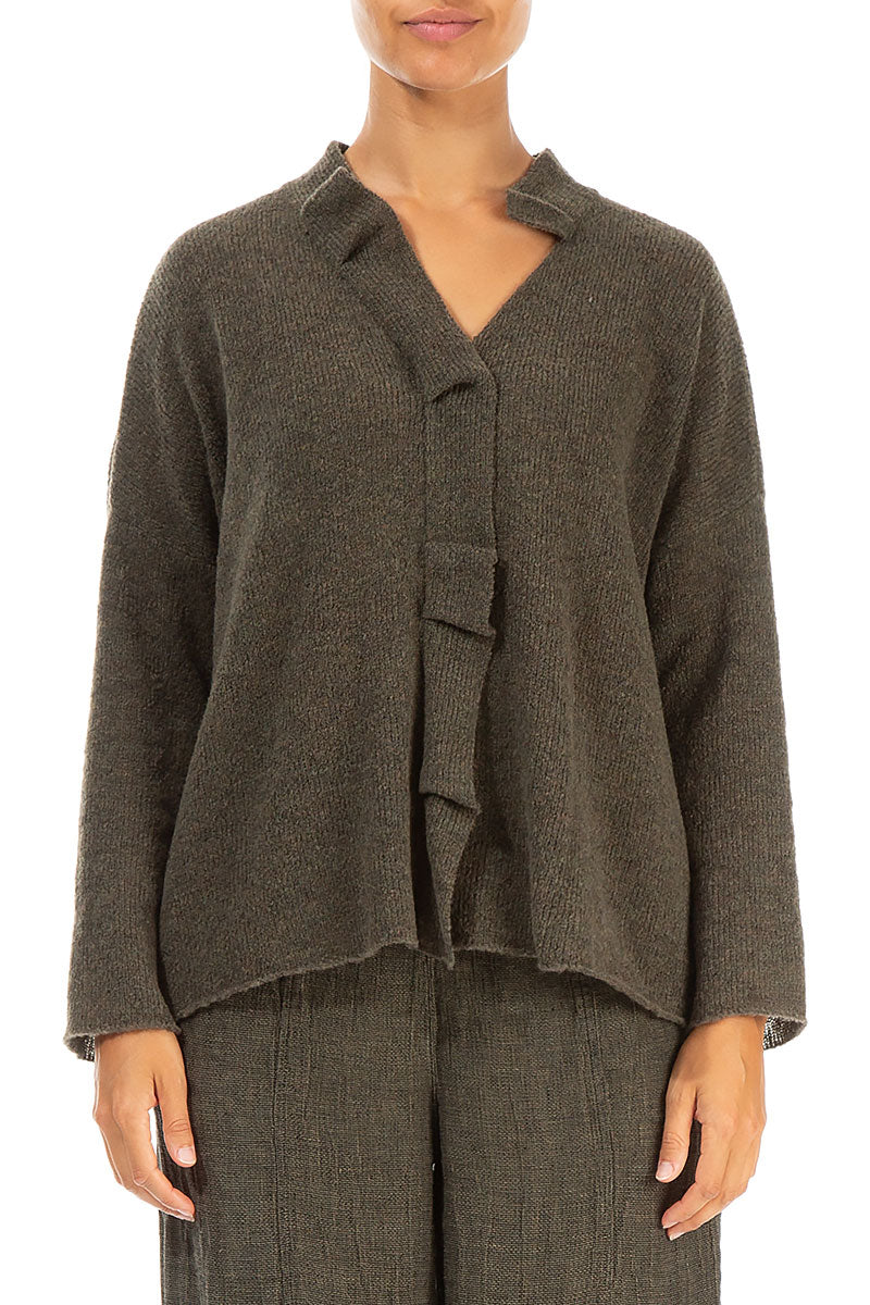 Frilled Neck Khaki Wool Cardigan