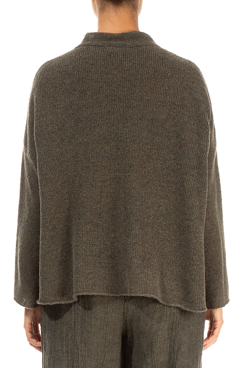 Frilled Neck Khaki Wool Cardigan