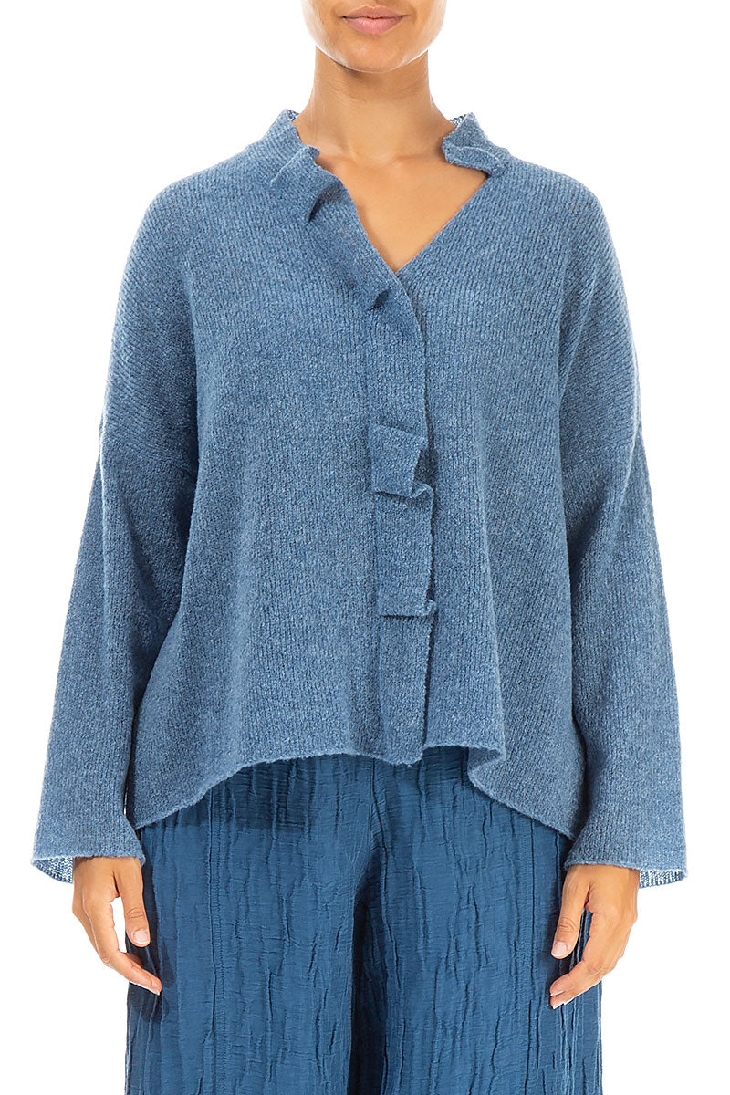 Frilled Neck Petrol Blue Wool Cardigan