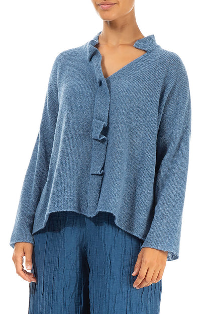 Frilled Neck Petrol Blue Wool Cardigan