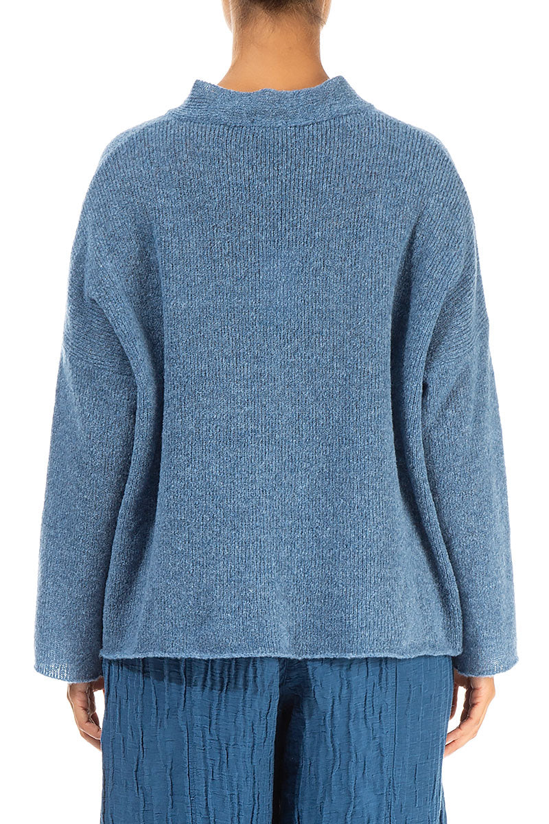 Frilled Neck Petrol Blue Wool Cardigan