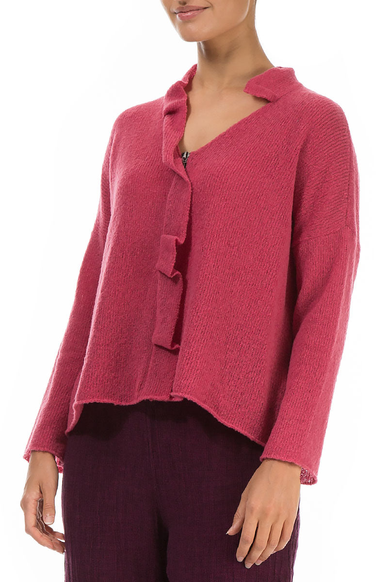 Frilled Neck Pink Punch Wool Cardigan