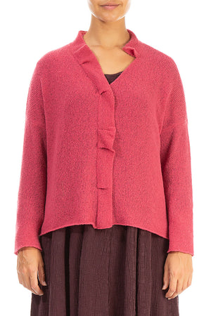 Frilled Neck Pink Punch Wool Cardigan - grizas.com