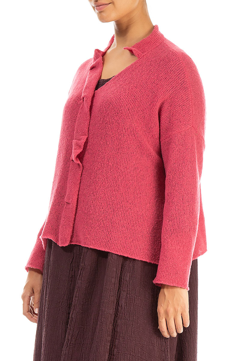 Frilled Neck Pink Punch Wool Cardigan