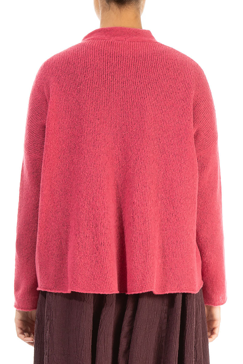 Frilled Neck Pink Punch Wool Cardigan