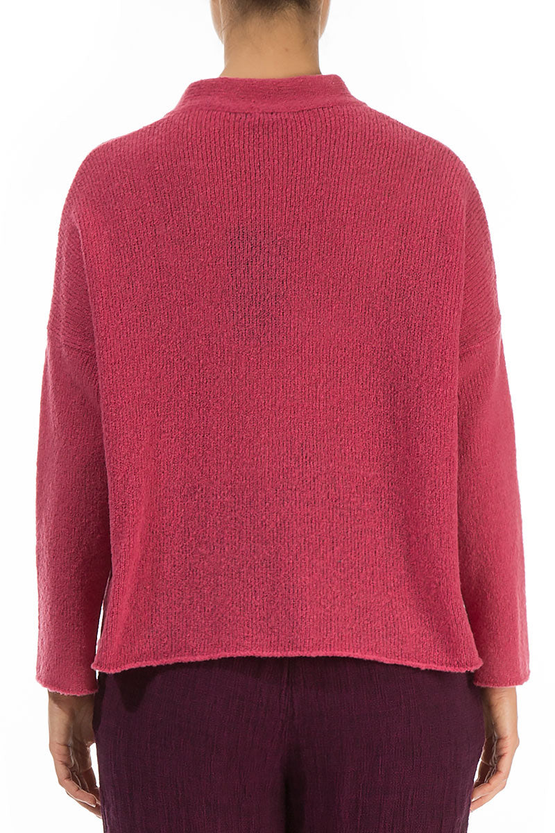 Frilled Neck Pink Punch Wool Cardigan