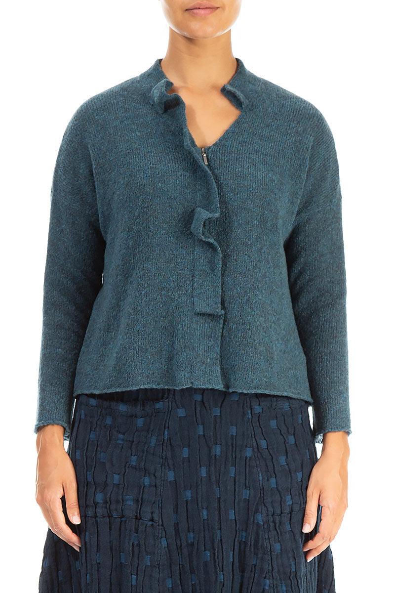 Frilled Neck Teal Wool Cardigan