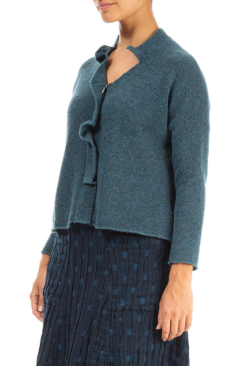 Frilled Neck Teal Wool Cardigan