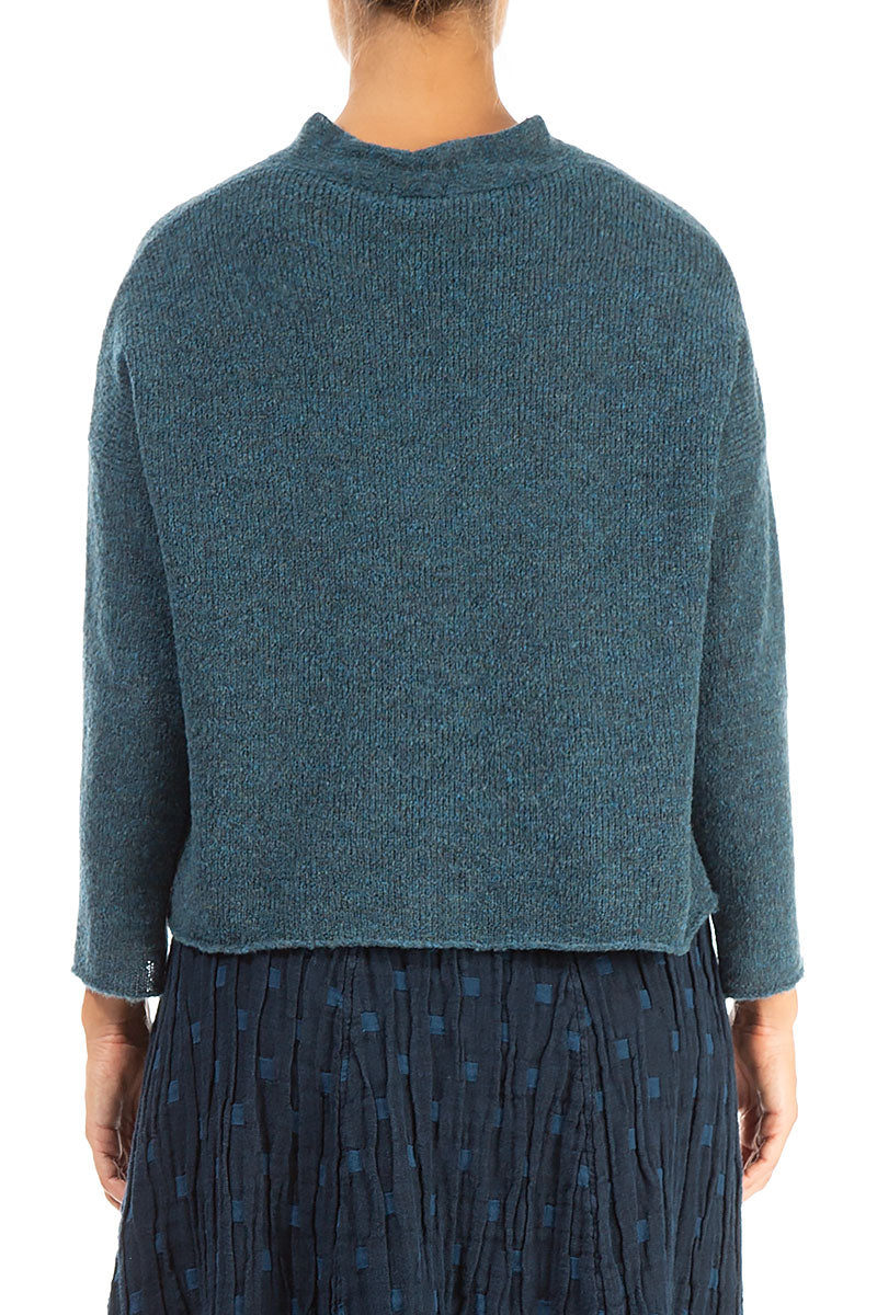Frilled Neck Teal Wool Cardigan