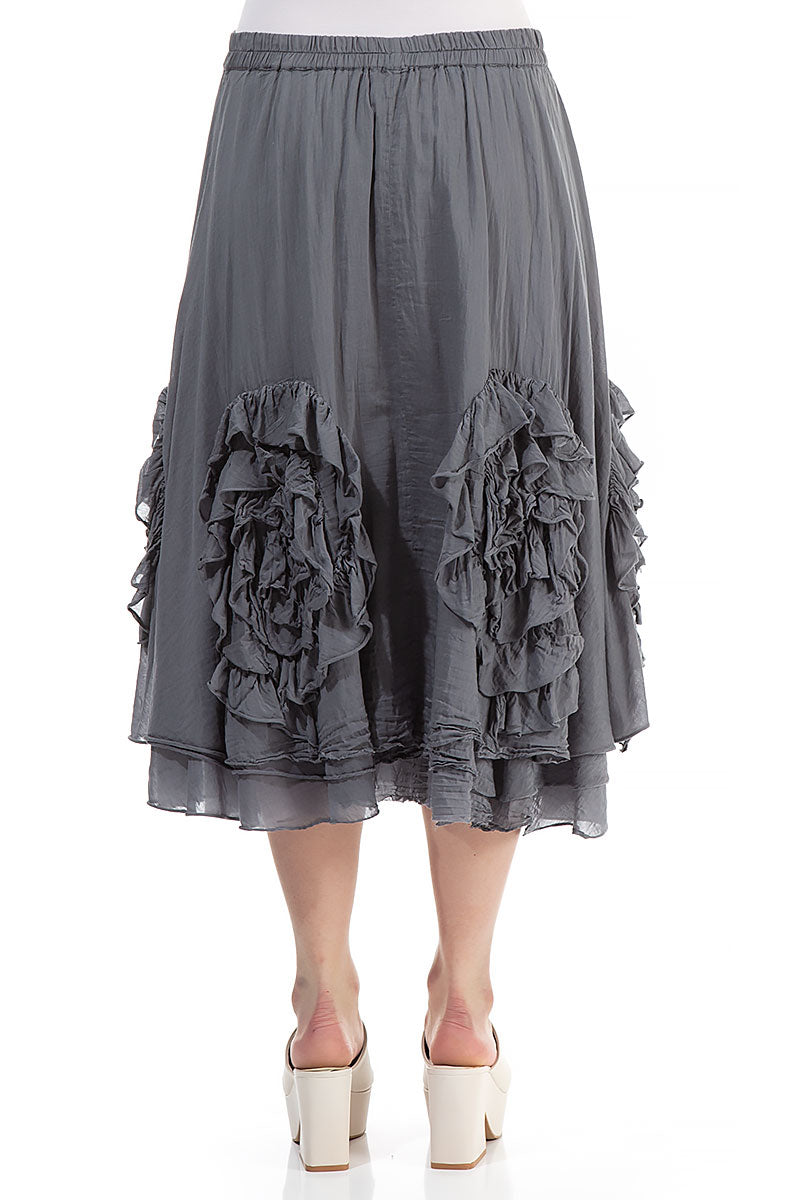 Frilly Flower Storm Grey Silk Cotton Midi Skirt