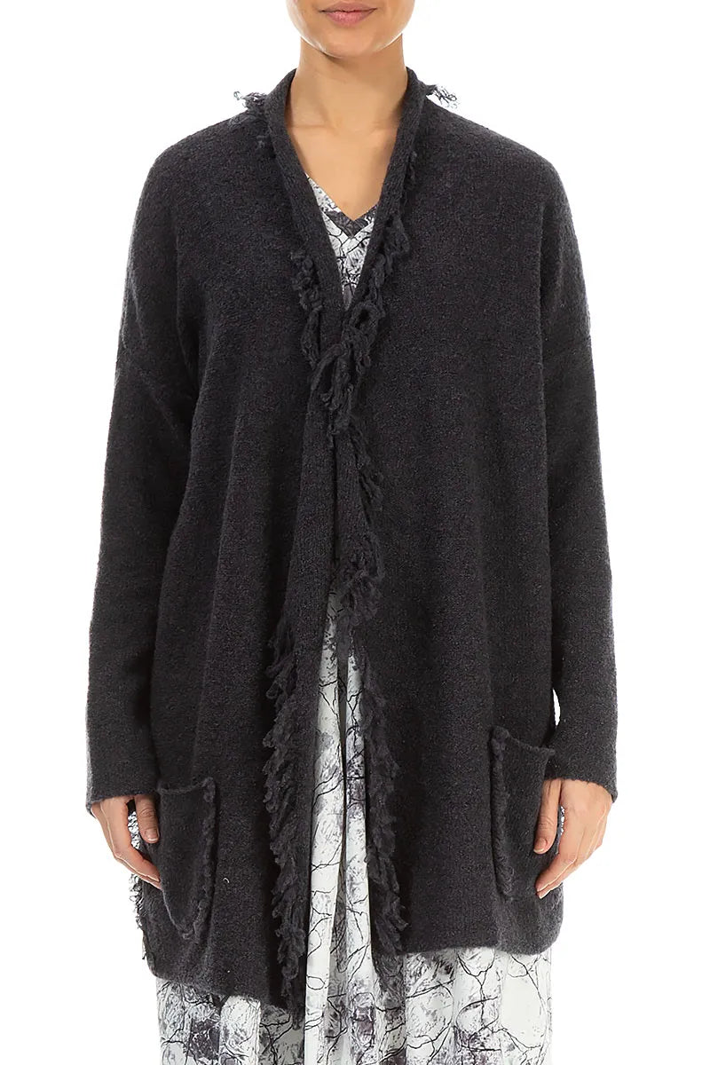 Fringed Dark Grey Wool Cardigan 1
