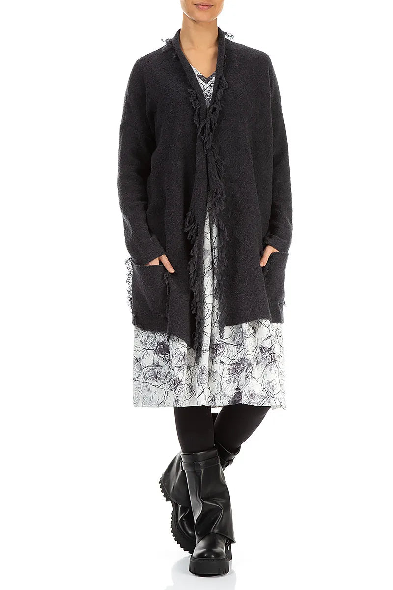 Fringed Dark Grey Wool Cardigan 3