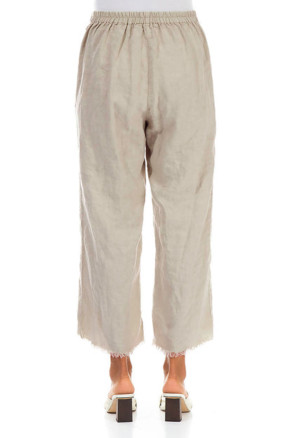 Fringed Flared Beige Linen Trousers