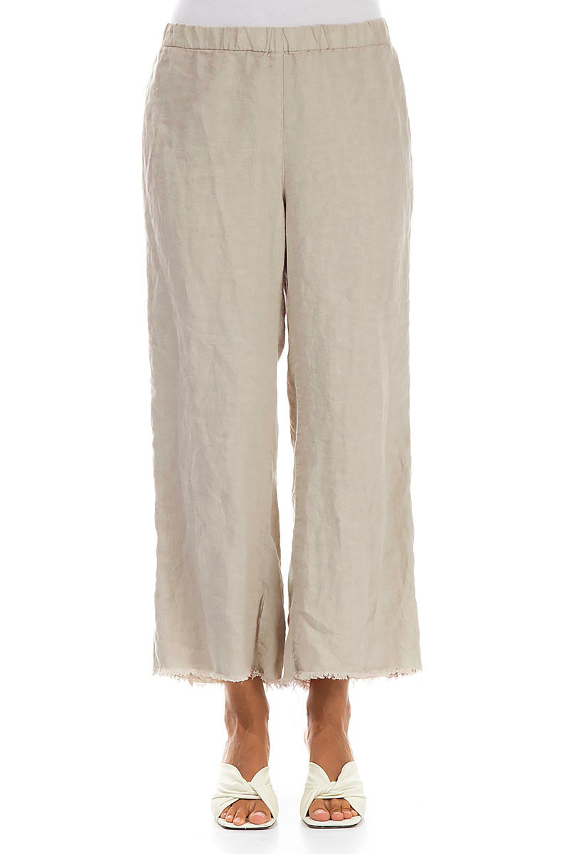 Fringed Flared Beige Linen Trousers