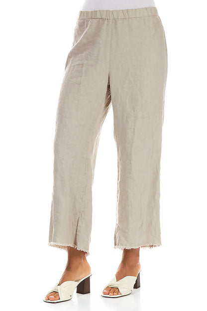 Fringed Flared Beige Linen Trousers