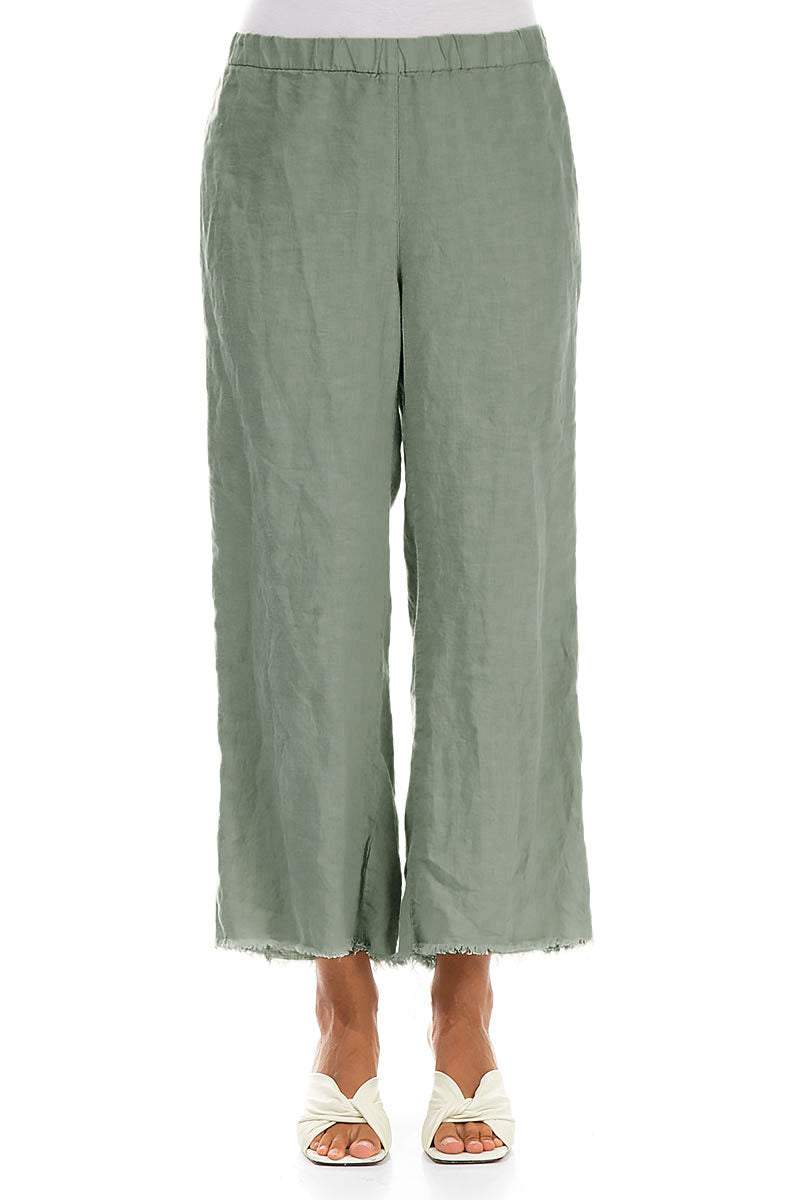 Fringed Flared Sage Linen Trousers