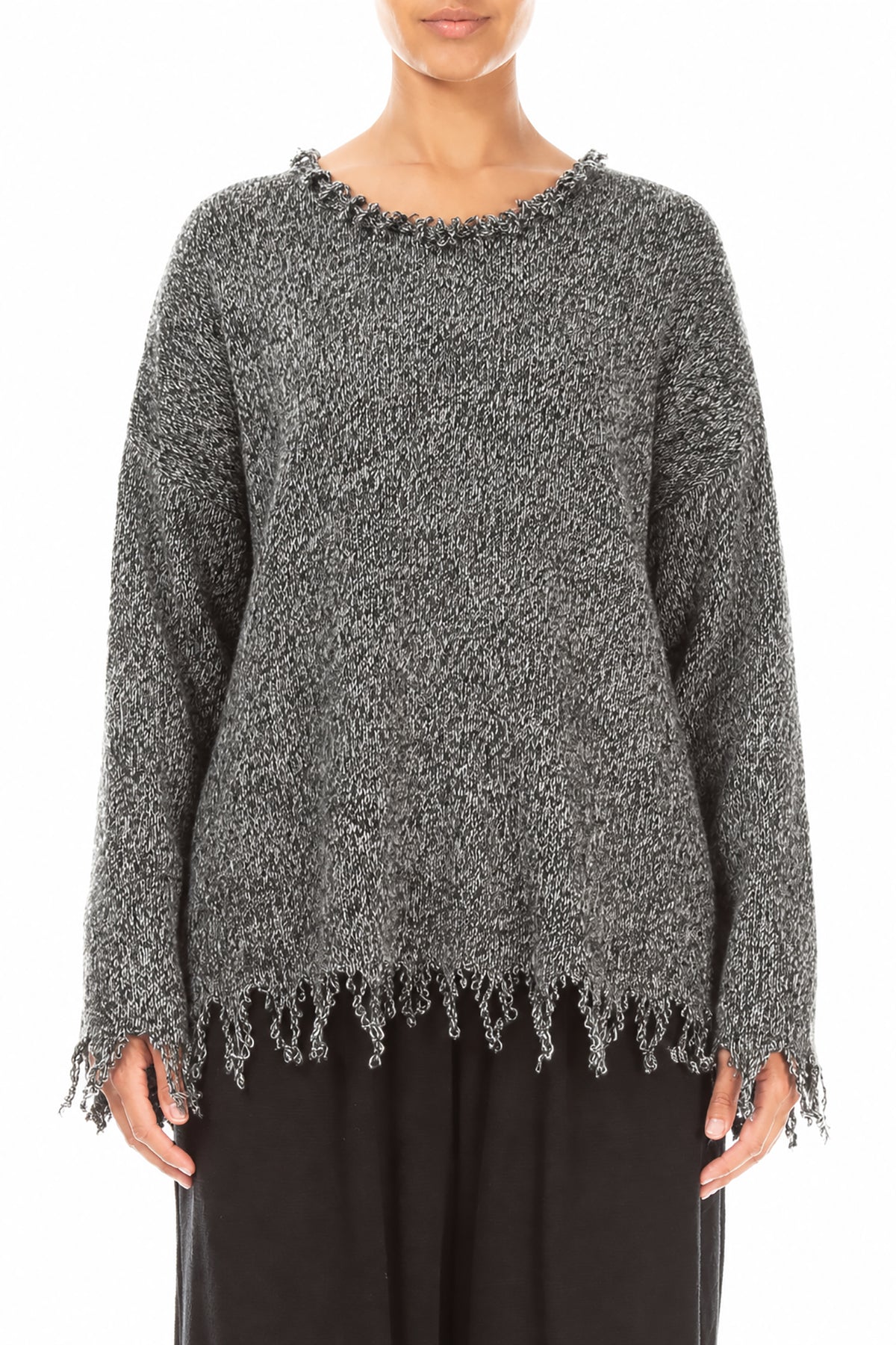 Fringed Grey Mélange Cashmere Sweater 1