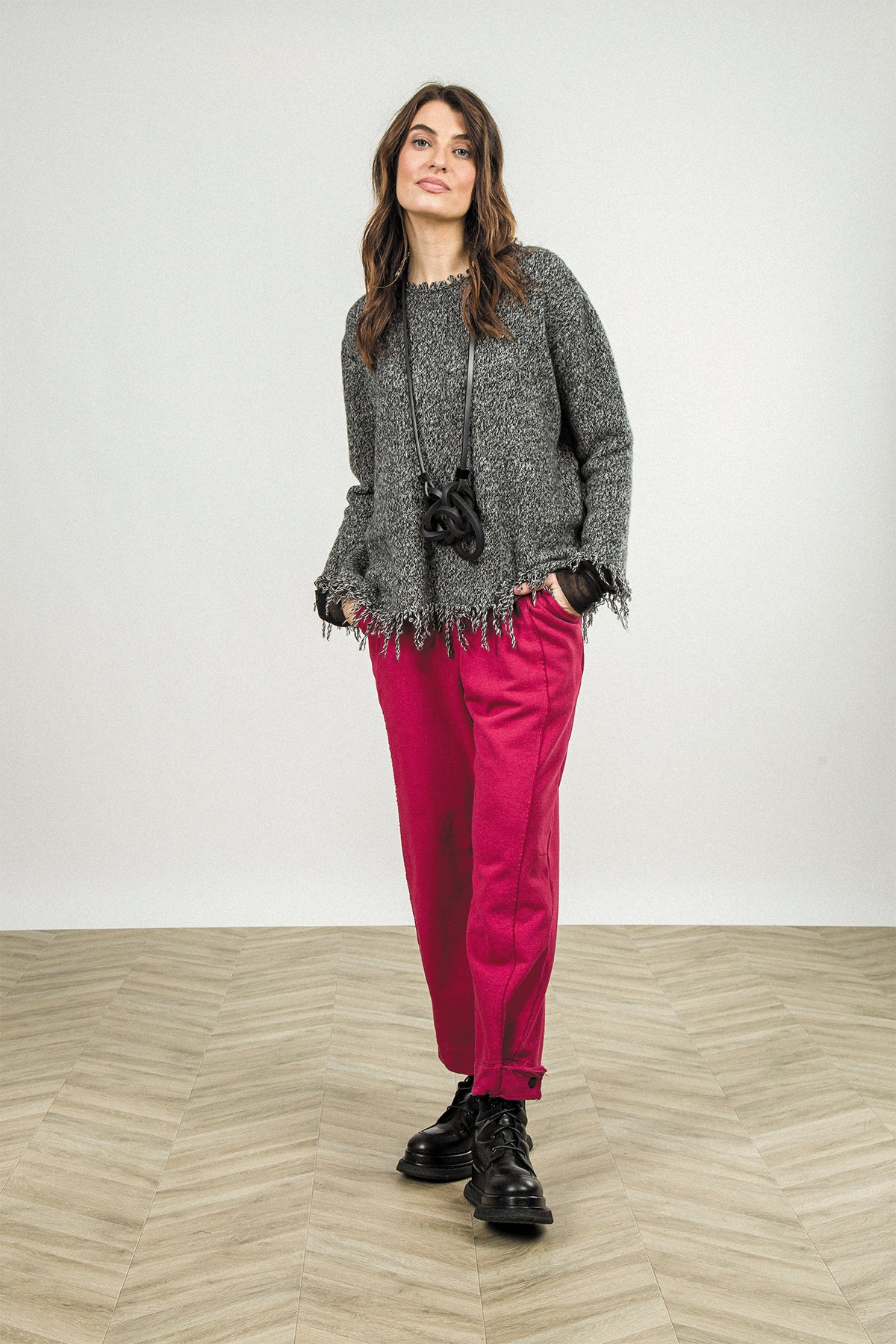 Fringed Grey Mélange Cashmere Sweater 8