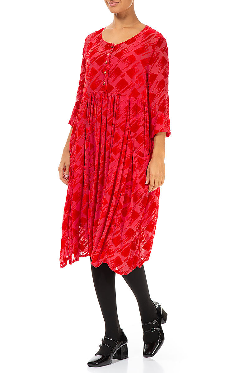 Front Buttons Flared Devoré Red Silk Velvet Dress 3