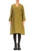 Front Buttons Flared Golden Olive Silk Linen Dress 1