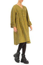 Front Buttons Flared Golden Olive Silk Linen Dress 4