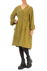 Front Buttons Flared Golden Olive Silk Linen Dress 3