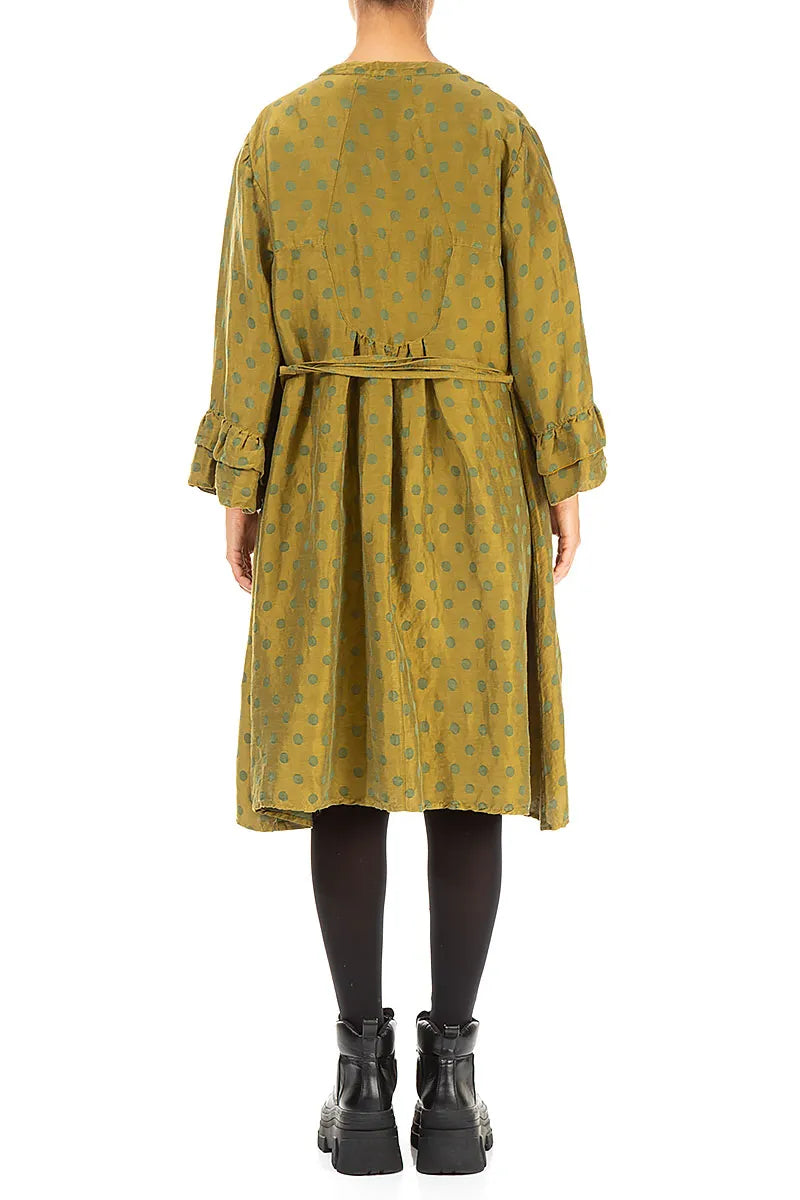 Front Buttons Flared Golden Olive Silk Linen Dress 2