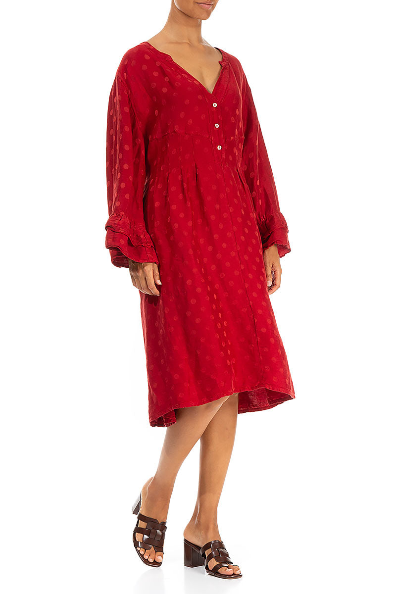 Front Buttons Flared Red Silk Linen Dress