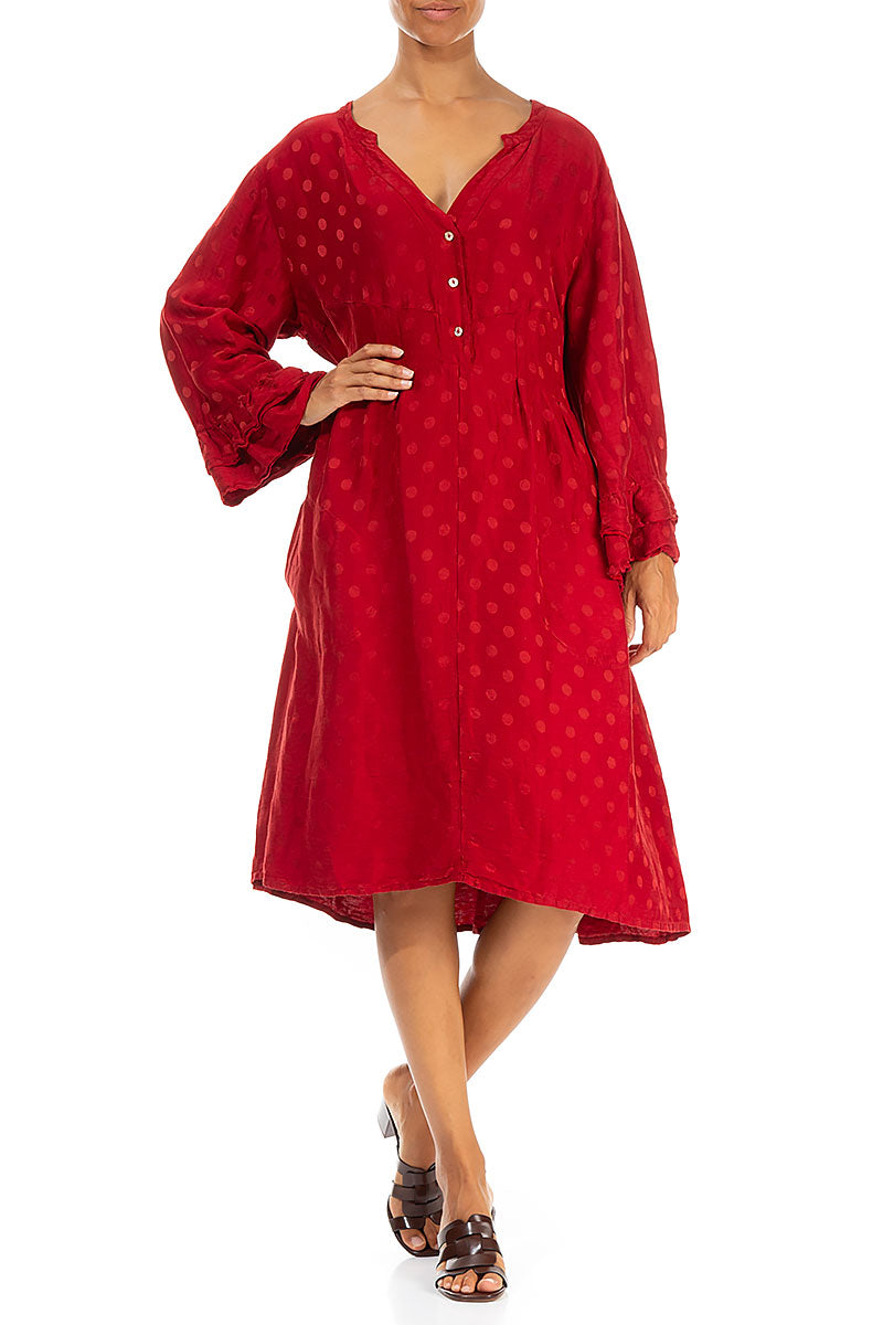 Front Buttons Flared Red Silk Linen Dress