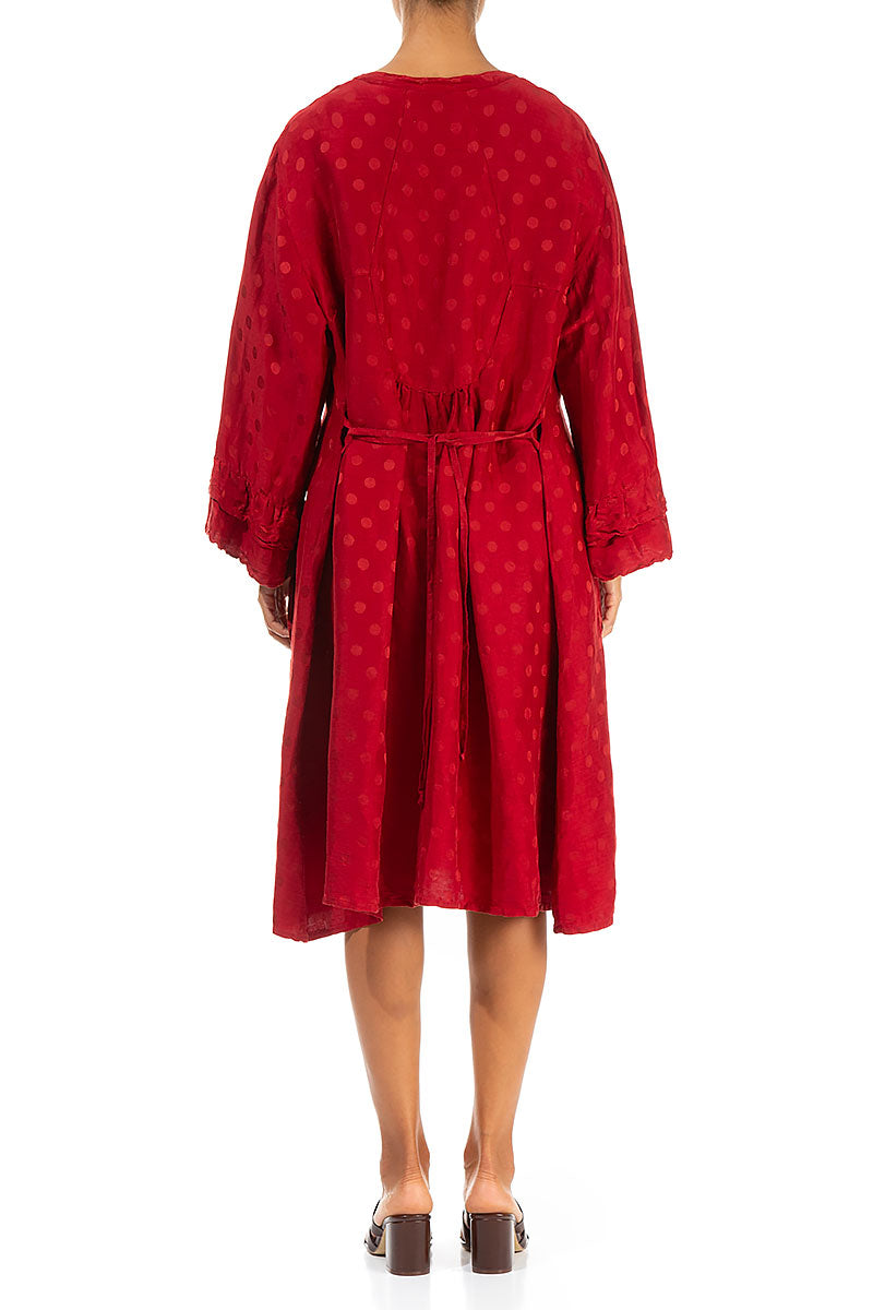 Front Buttons Flared Red Silk Linen Dress