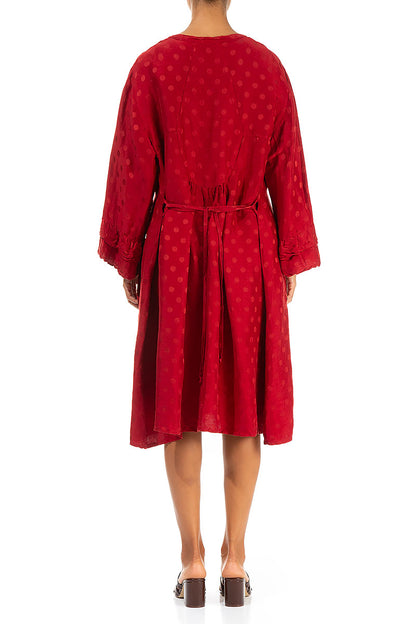 Front Buttons Flared Red Silk Linen Dress