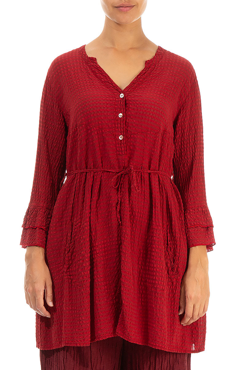 Front Buttons Red Textured Silk Tunic