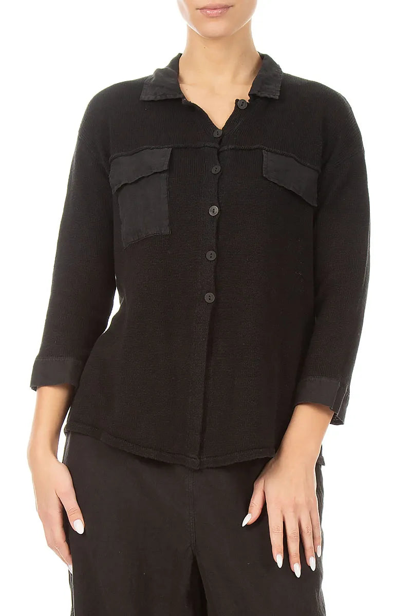 Front Pocket Black Linen Cardigan 3