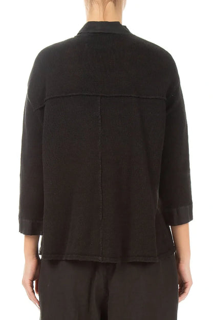 Front Pocket Black Linen Cardigan 2