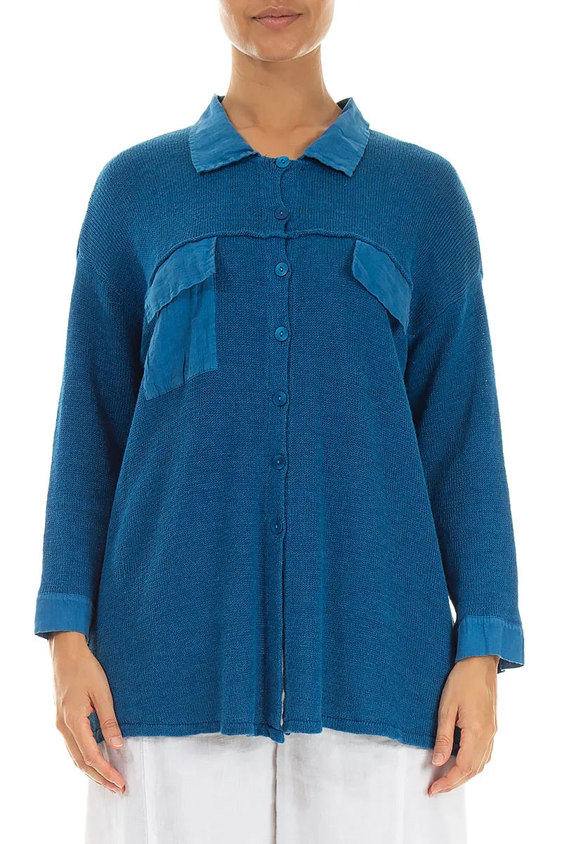Cardigan en lin bleu cobalt à poches frontales