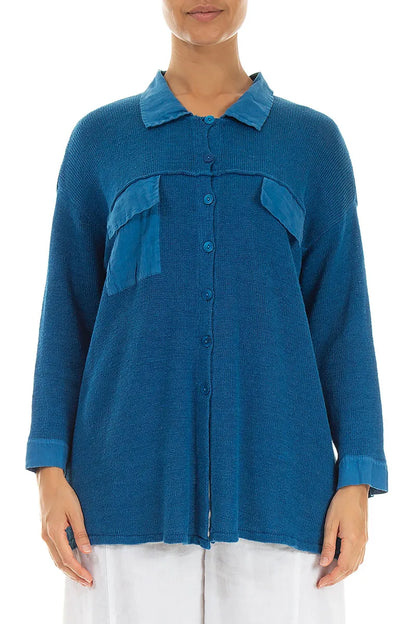 Cardigan en lin bleu cobalt à poches frontales