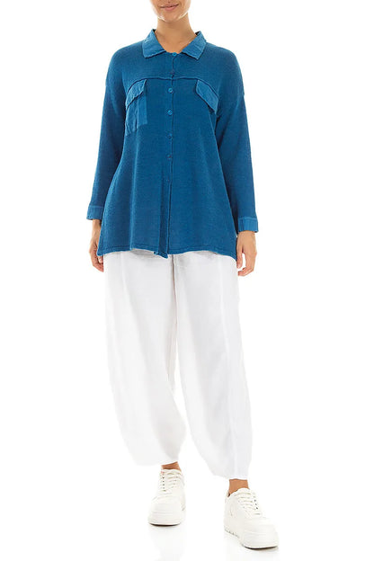 Cardigan en lin bleu cobalt à poches frontales