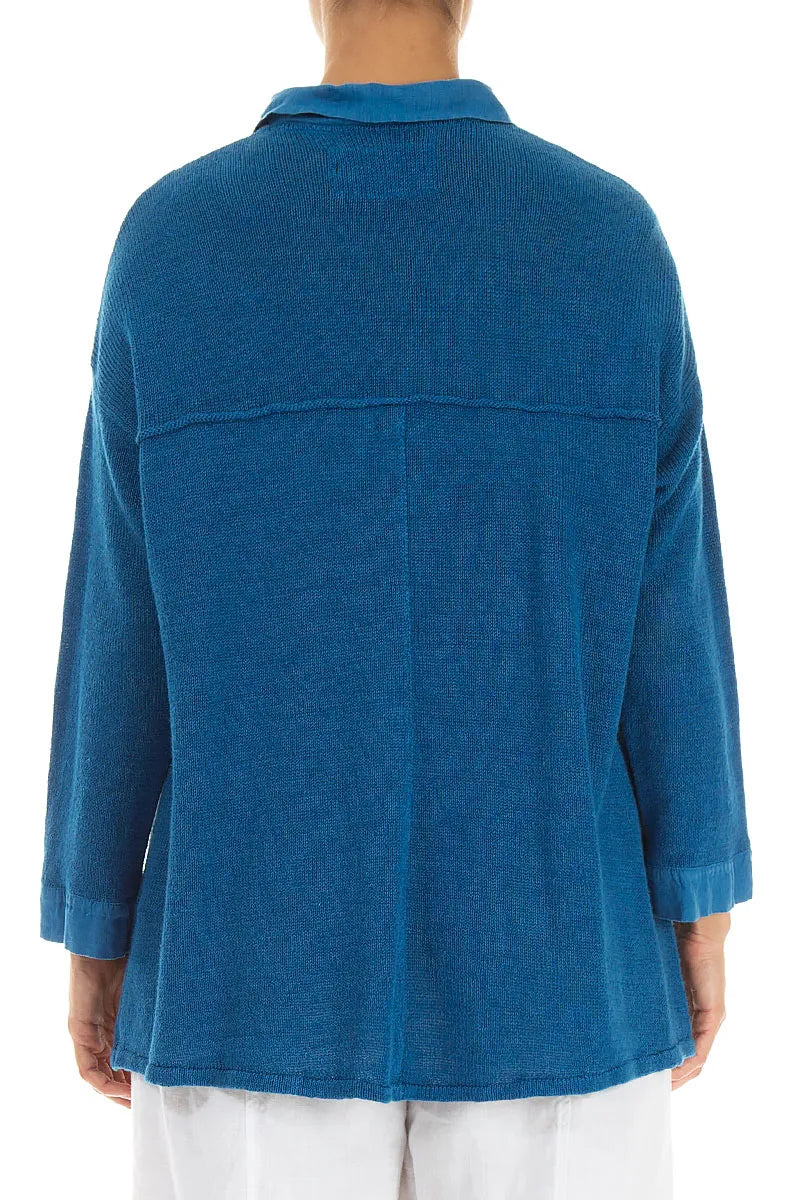 Cardigan en lin bleu cobalt à poches frontales