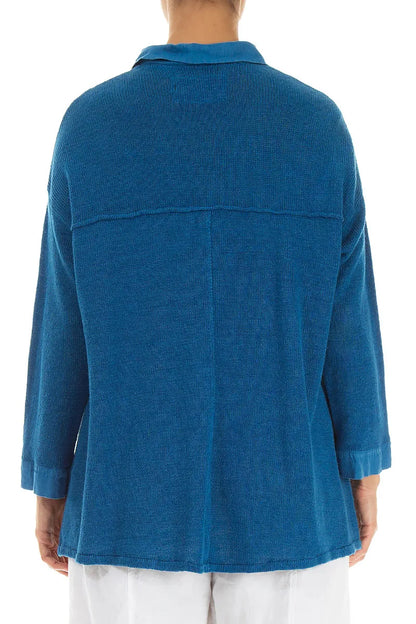 Cardigan en lin bleu cobalt à poches frontales